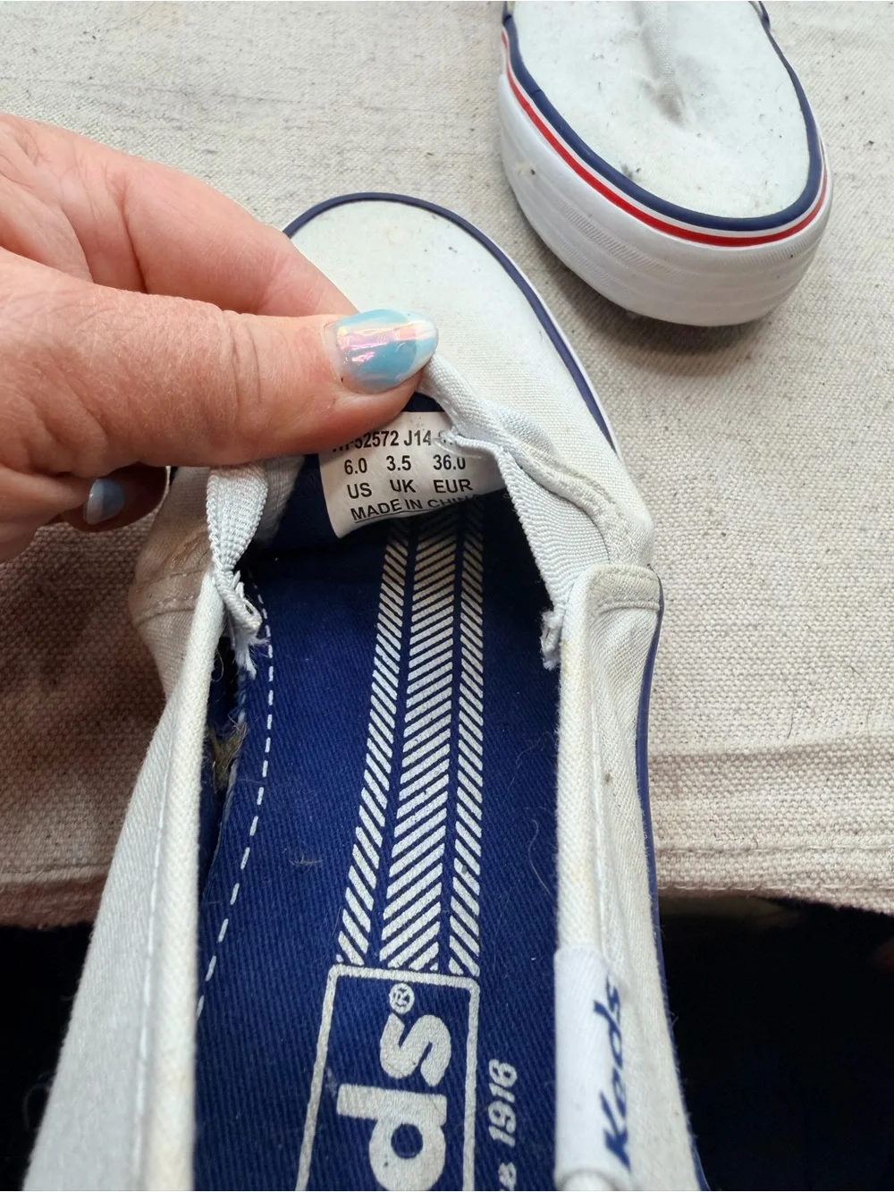 Keds White Canvas Slip-On Loafers with Red & Blue Trim